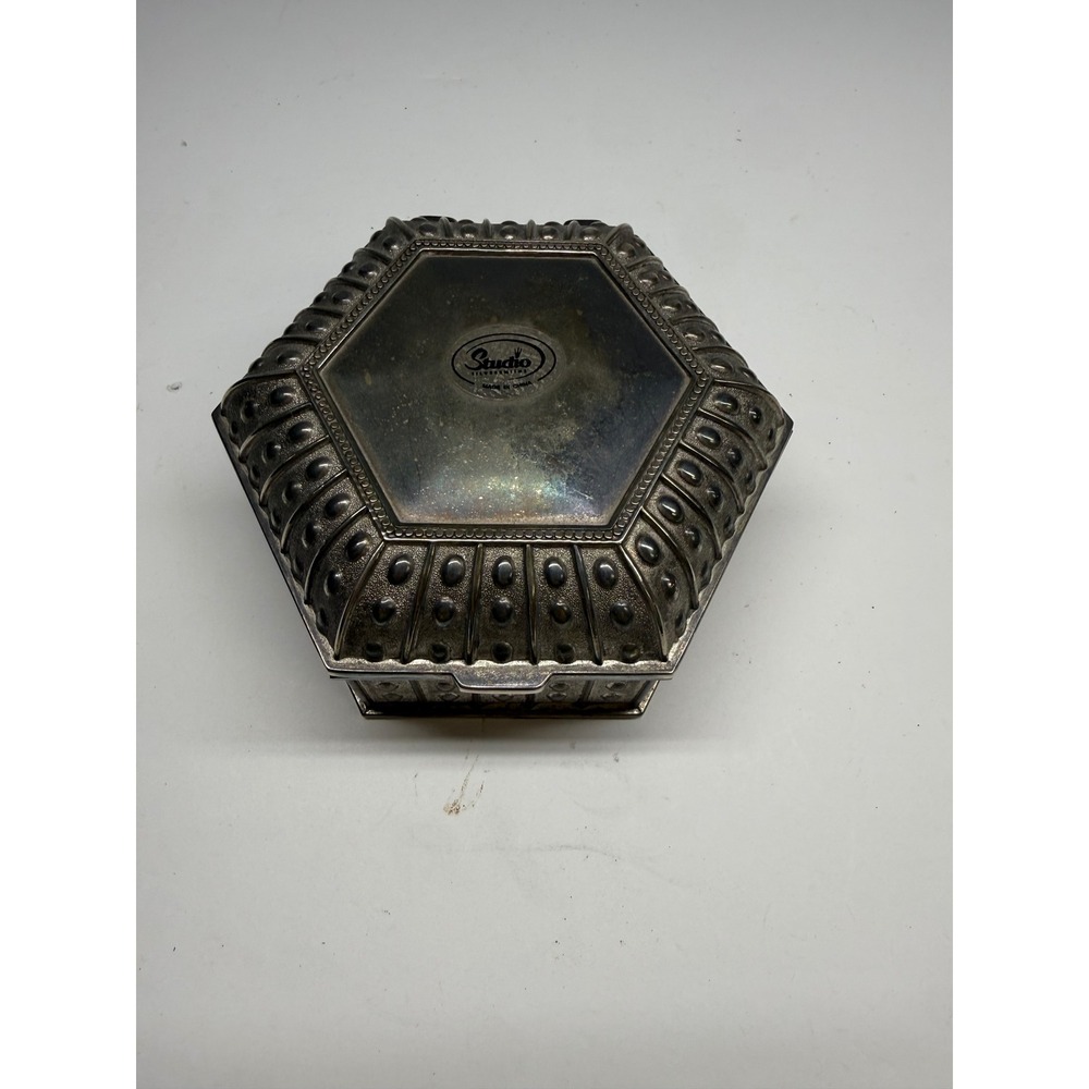 Studio Silversmiths Hexagon Jewelry Box SilverPlated Beaded Velvet Lined Vintage
